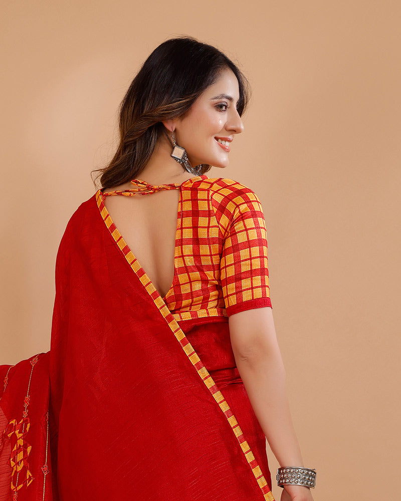 Vishal Prints Dark Red Tussar Silk Saree With Embroidery And Patch Work