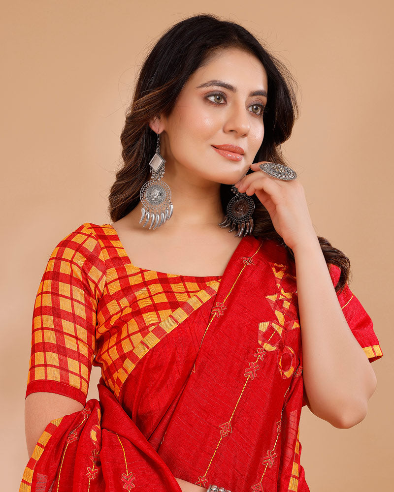 Vishal Prints Dark Red Tussar Silk Saree With Embroidery And Patch Work