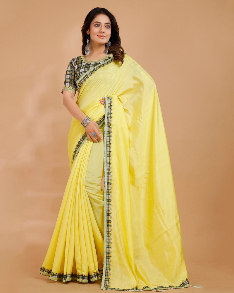 Vishal Prints Lemon Yellow Tussar Silk Saree With Fancy Border And Tassel