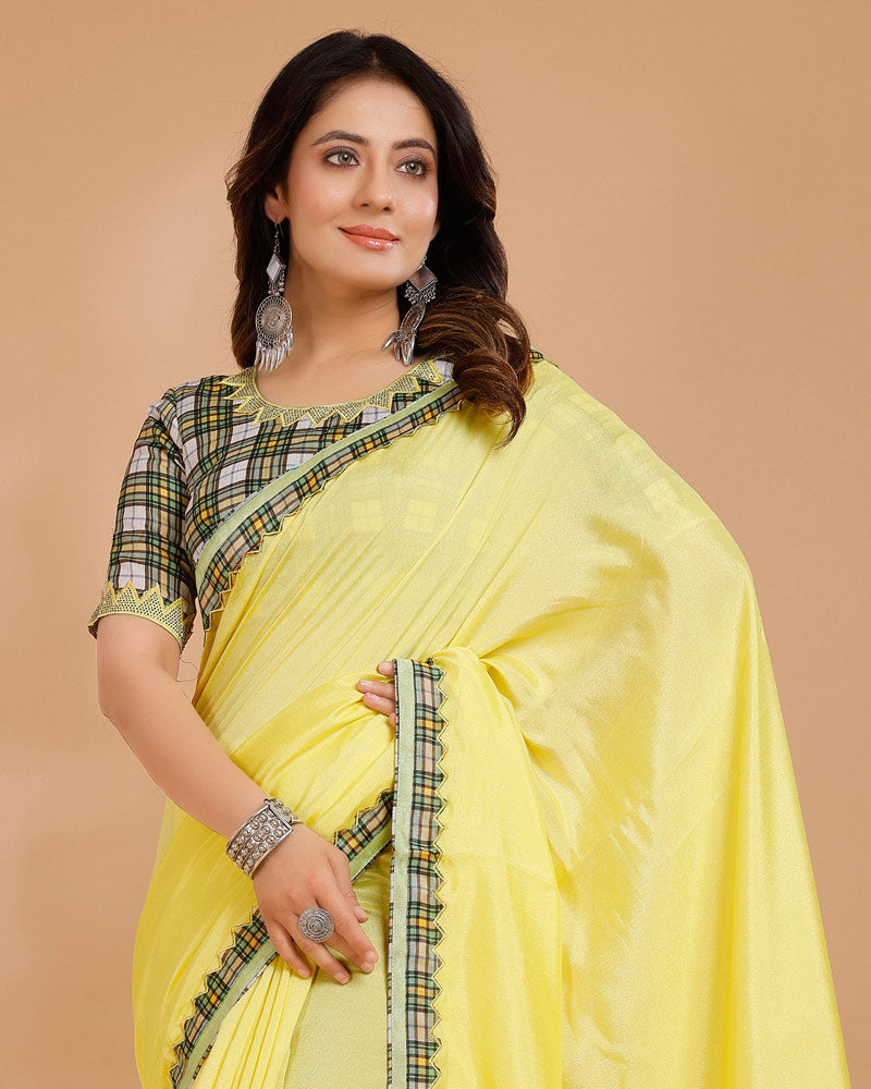 Vishal Prints Lemon Yellow Tussar Silk Saree With Fancy Border And Tassel