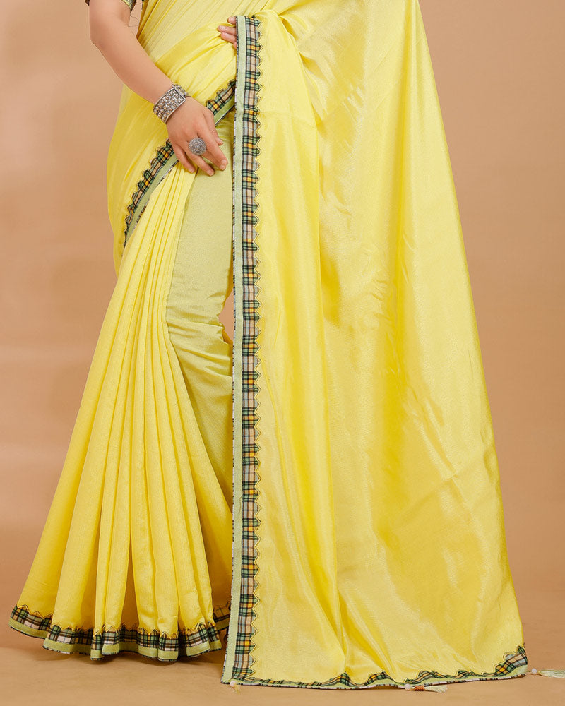 Vishal Prints Lemon Yellow Tussar Silk Saree With Fancy Border And Tassel