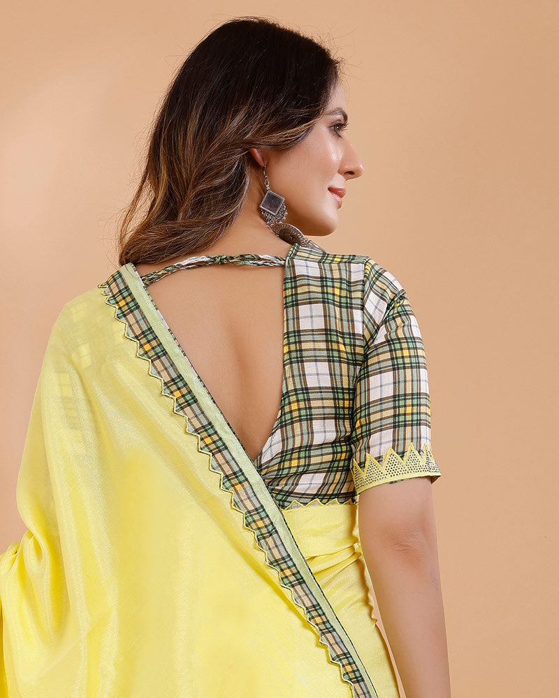 Vishal Prints Lemon Yellow Tussar Silk Saree With Fancy Border And Tassel