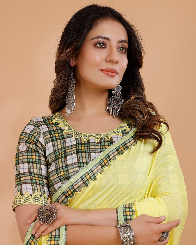 Vishal Prints Lemon Yellow Tussar Silk Saree With Fancy Border And Tassel