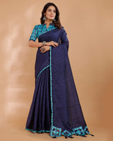 Vishal Prints Dark Navy Blue Tussar Silk Saree With Cut Work Pallu