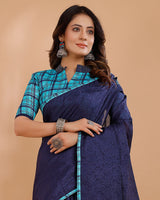 Vishal Prints Dark Navy Blue Tussar Silk Saree With Cut Work Pallu