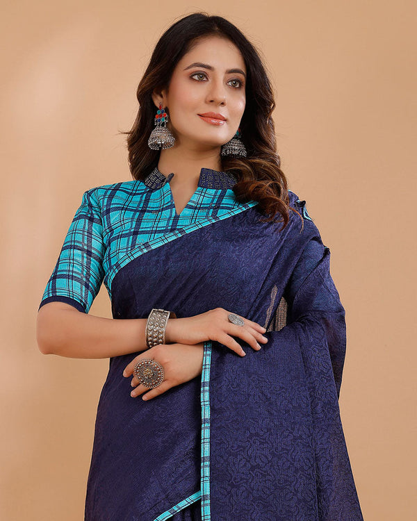 Vishal Prints Dark Navy Blue Tussar Silk Saree With Cut Work Pallu