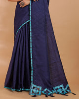 Vishal Prints Dark Navy Blue Tussar Silk Saree With Cut Work Pallu