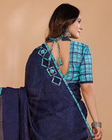 Vishal Prints Dark Navy Blue Tussar Silk Saree With Cut Work Pallu