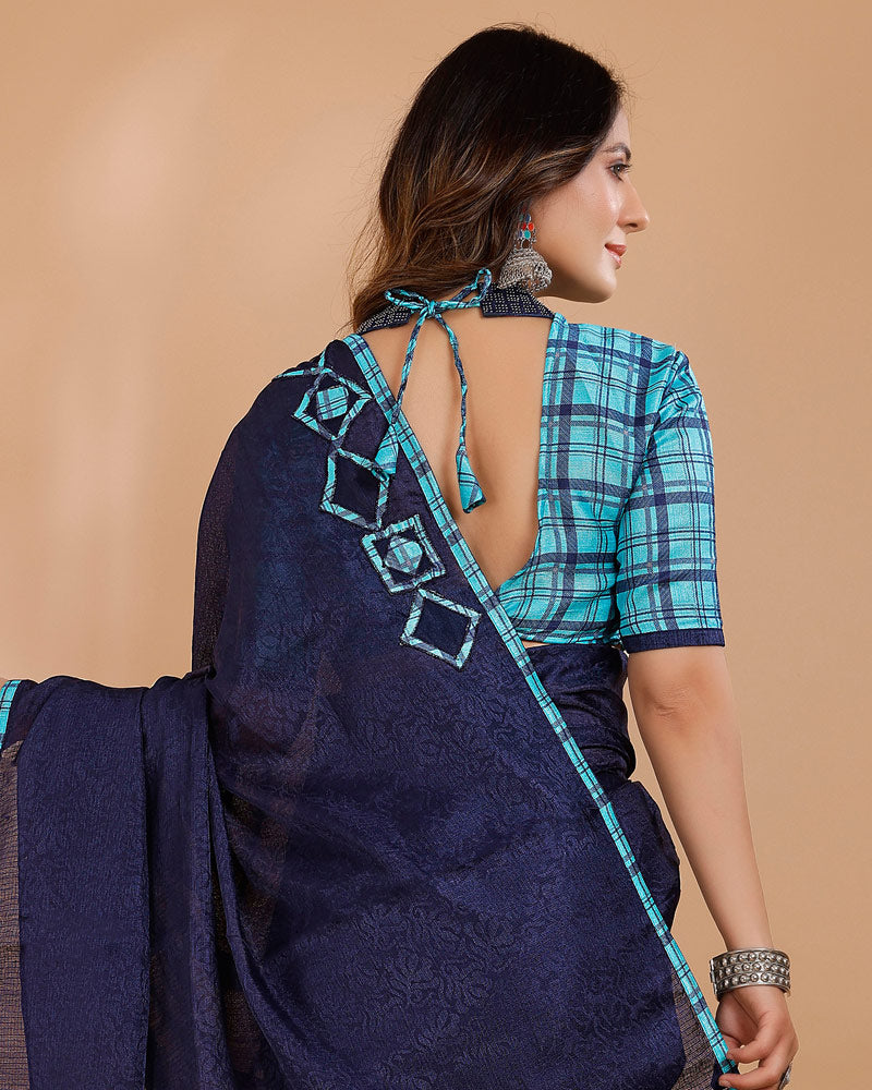 Vishal Prints Dark Navy Blue Tussar Silk Saree With Cut Work Pallu