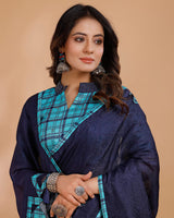 Vishal Prints Dark Navy Blue Tussar Silk Saree With Cut Work Pallu
