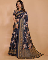 Vishal Prints Black Tussar Silk Digital Print Saree With Tassel