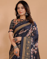 Vishal Prints Black Tussar Silk Digital Print Saree With Tassel