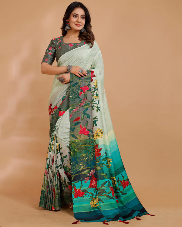 Vishal Prints Pastel Green Digital Print Tussar Silk Saree With Tassel