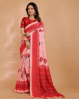 Vishal Prints Pastel Pink Printed Tussar Silk Saree With Tassel
