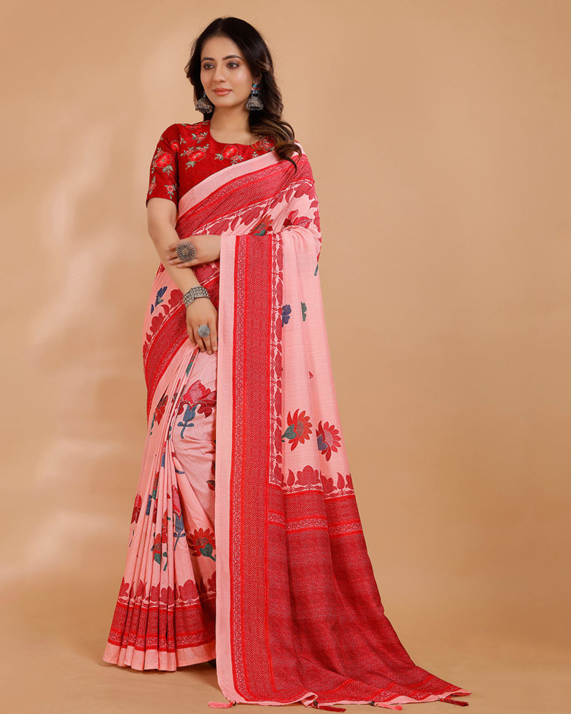 Vishal Prints Pastel Pink Printed Tussar Silk Saree With Tassel