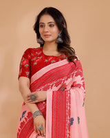 Vishal Prints Pastel Pink Printed Tussar Silk Saree With Tassel