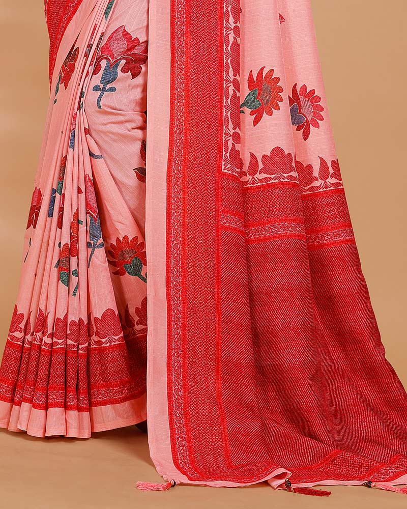 Vishal Prints Pastel Pink Printed Tussar Silk Saree With Tassel