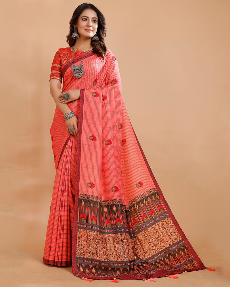 Vishal Prints Pastel Red Printed Tussar Silk Saree With Tassel