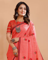 Vishal Prints Pastel Red Printed Tussar Silk Saree With Tassel