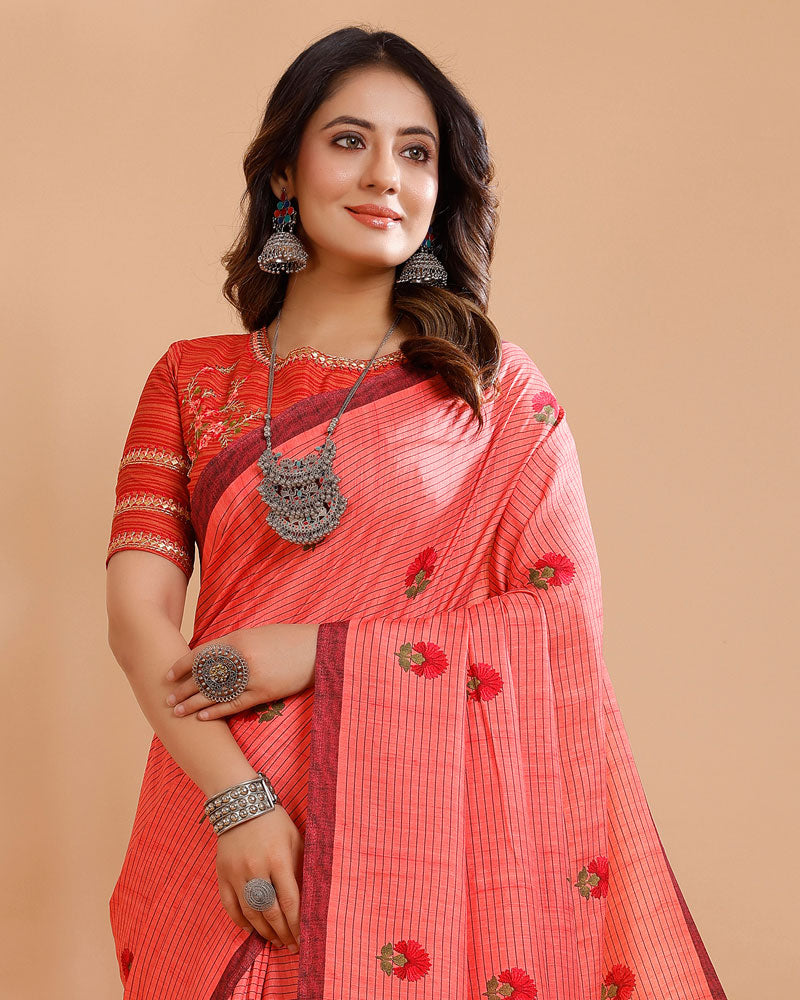 Vishal Prints Pastel Red Printed Tussar Silk Saree With Tassel