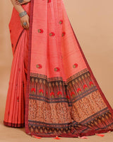 Vishal Prints Pastel Red Printed Tussar Silk Saree With Tassel