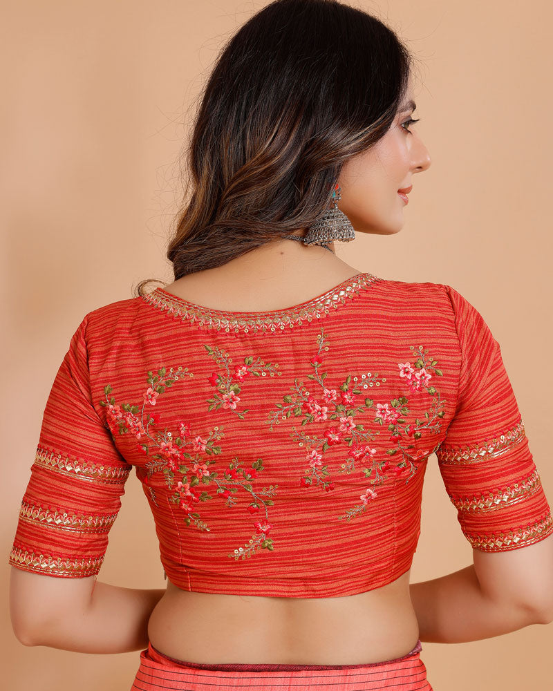 Vishal Prints Pastel Red Printed Tussar Silk Saree With Tassel