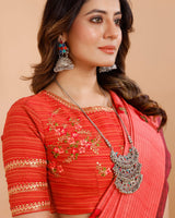 Vishal Prints Pastel Red Printed Tussar Silk Saree With Tassel