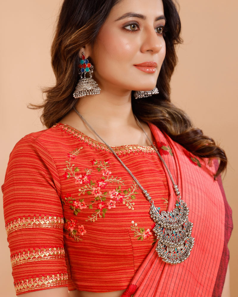 Vishal Prints Pastel Red Printed Tussar Silk Saree With Tassel