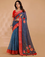 Vishal Prints Dark Grey Digital Print Cotton Silk Saree With Embellishment And Tassel