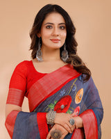 Vishal Prints Dark Grey Digital Print Cotton Silk Saree With Embellishment And Tassel