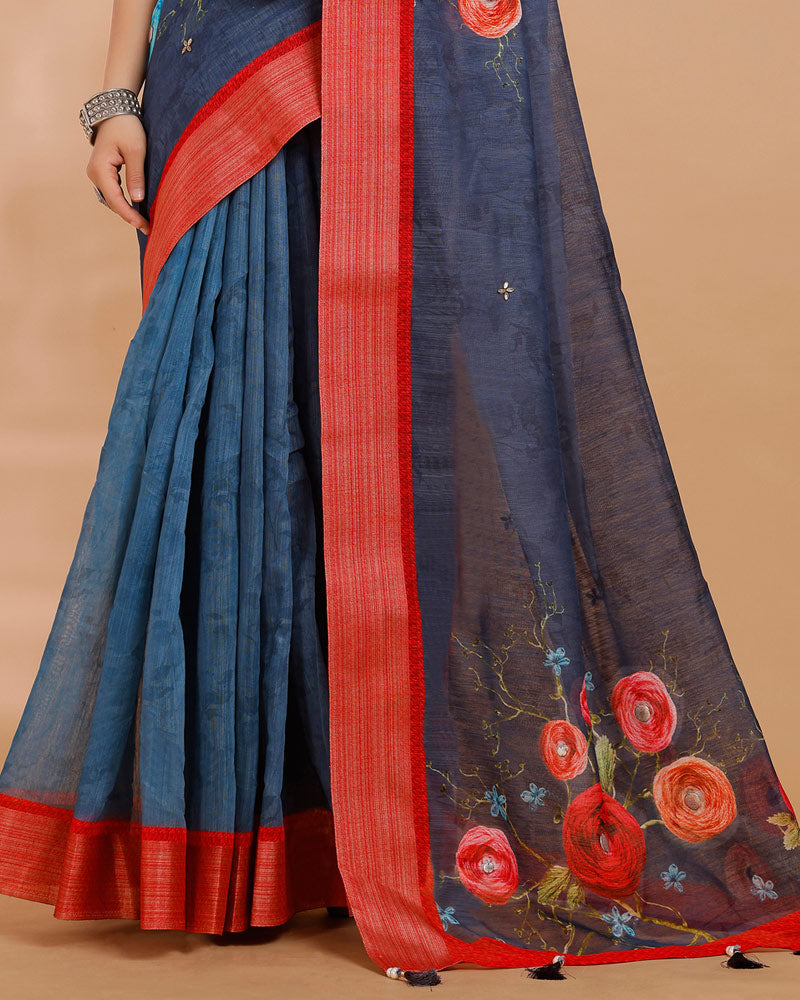 Vishal Prints Dark Grey Digital Print Cotton Silk Saree With Embellishment And Tassel