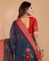 Vishal Prints Dark Grey Digital Print Cotton Silk Saree With Embellishment And Tassel