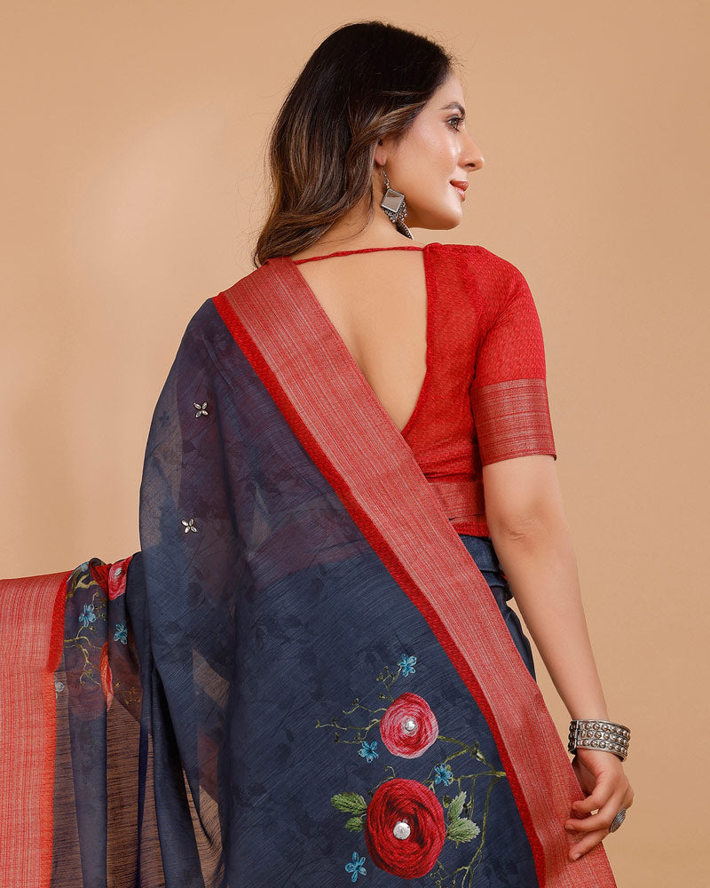 Vishal Prints Dark Grey Digital Print Cotton Silk Saree With Embellishment And Tassel