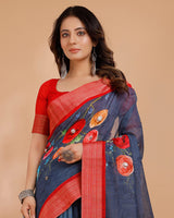 Vishal Prints Dark Grey Digital Print Cotton Silk Saree With Embellishment And Tassel