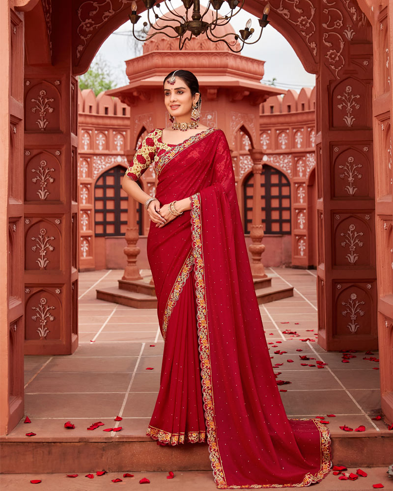 Vishal Prints Shiraz Red Designer Art Silk Saree With Diamond Work And Cut Work Embroidery Border