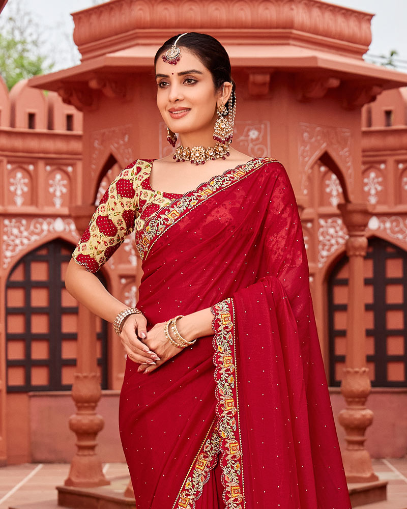 Vishal Prints Shiraz Red Designer Art Silk Saree With Diamond Work And Cut Work Embroidery Border