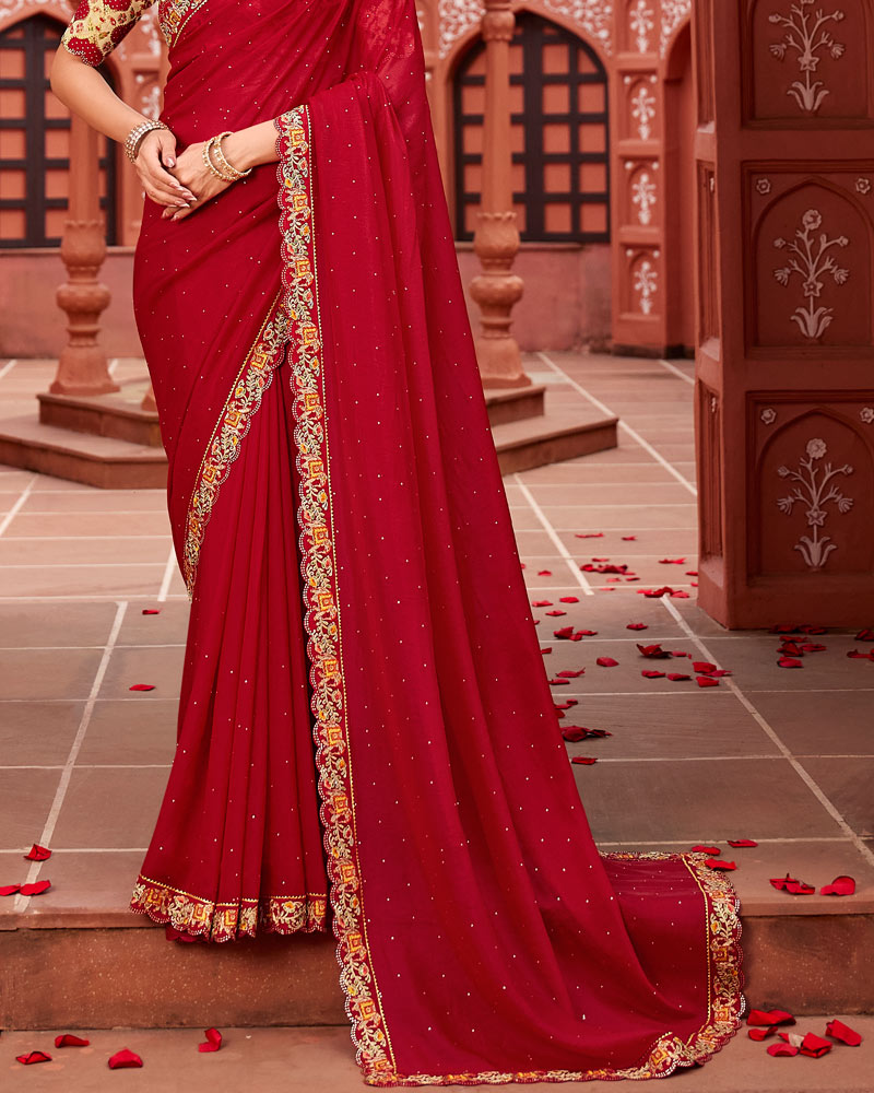 Vishal Prints Shiraz Red Designer Art Silk Saree With Diamond Work And Cut Work Embroidery Border