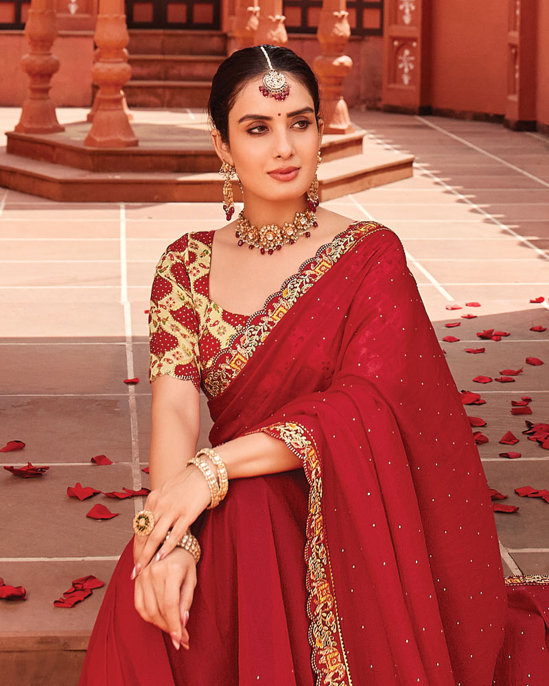 Vishal Prints Shiraz Red Designer Art Silk Saree With Diamond Work And Cut Work Embroidery Border