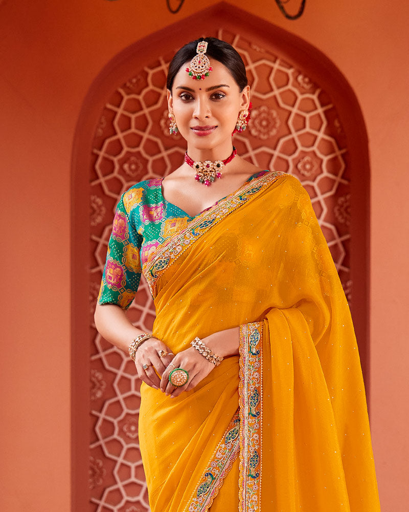 Vishal Prints Dusty Orange Designer Art Silk Saree With Diamond Work And Cut Work Embroidery Border