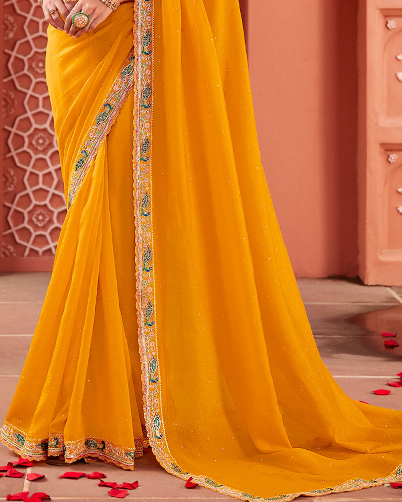 Vishal Prints Dusty Orange Designer Art Silk Saree With Diamond Work And Cut Work Embroidery Border