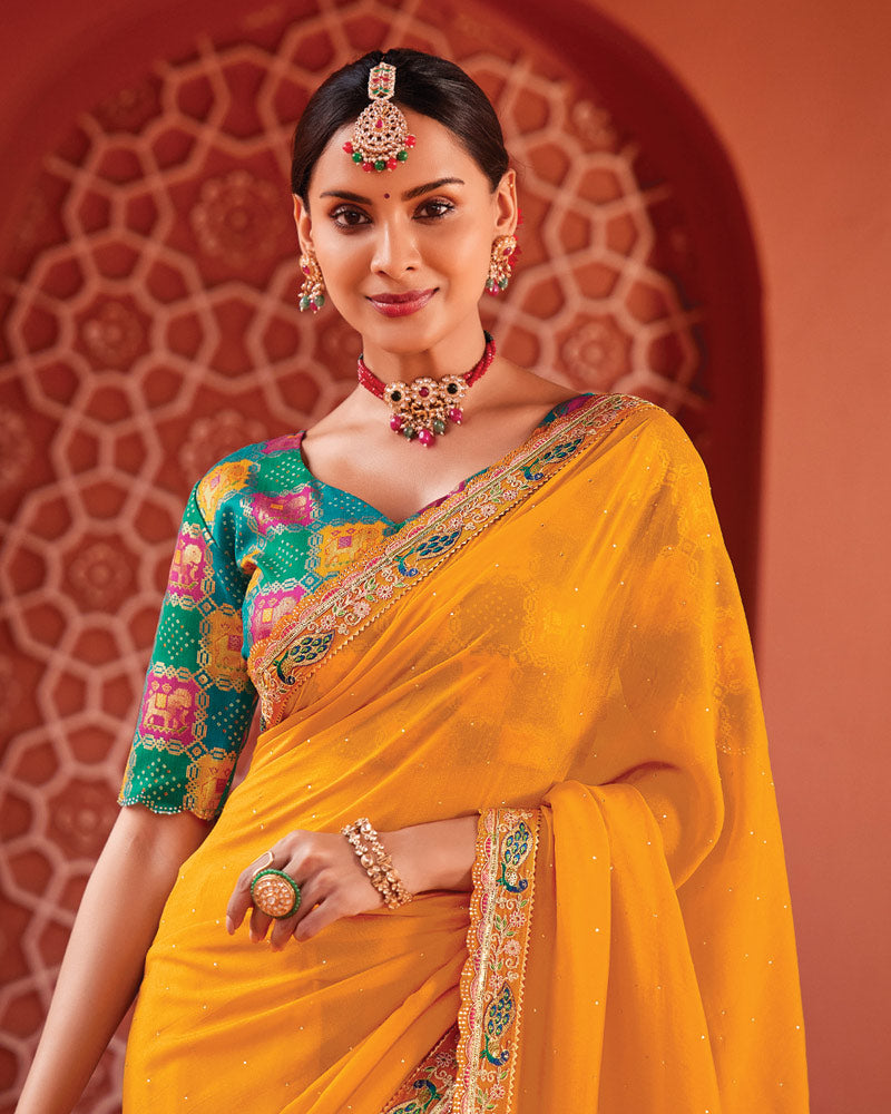 Vishal Prints Dusty Orange Designer Art Silk Saree With Diamond Work And Cut Work Embroidery Border