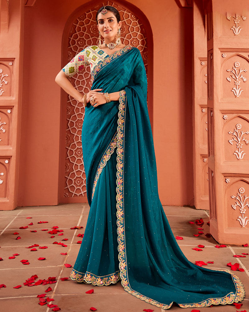 Vishal Prints Sherpa Blue Designer Art Silk Saree With Diamond Work And Cut Work Embroidery Border