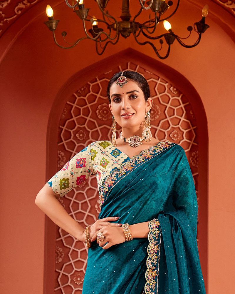 Vishal Prints Sherpa Blue Designer Art Silk Saree With Diamond Work And Cut Work Embroidery Border