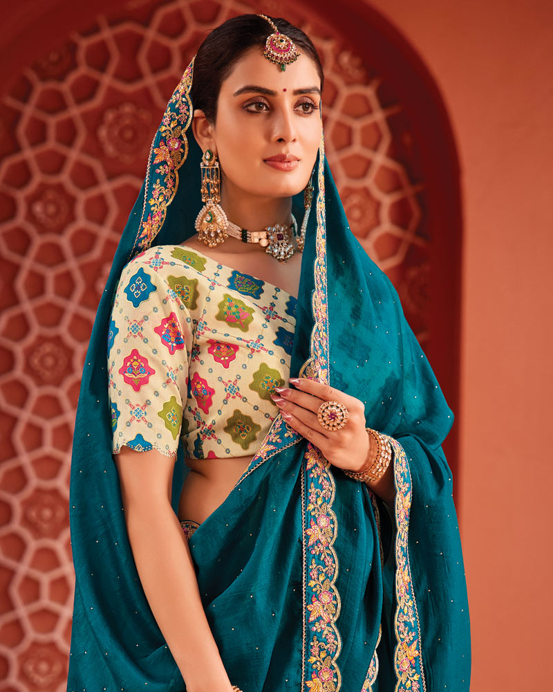 Vishal Prints Sherpa Blue Designer Art Silk Saree With Diamond Work And Cut Work Embroidery Border