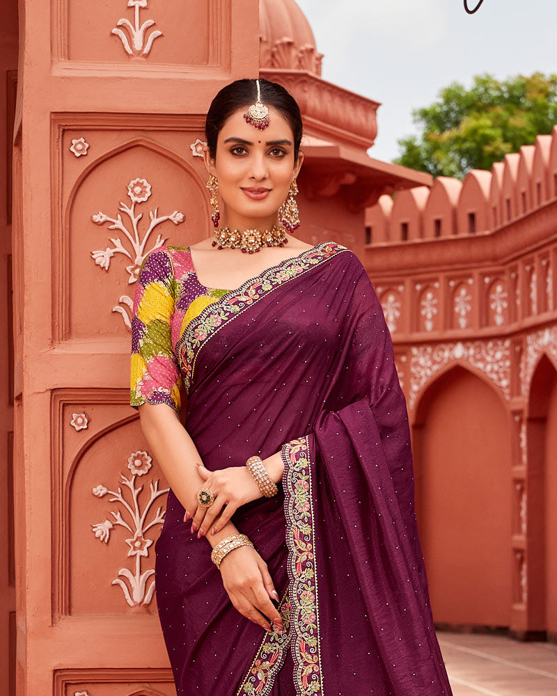 Vishal Prints Wine Berry Designer Art Silk Saree With Diamond Work And Cut Work Embroidery Border