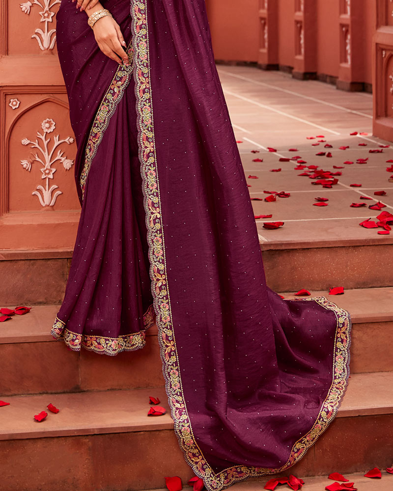 Vishal Prints Wine Berry Designer Art Silk Saree With Diamond Work And Cut Work Embroidery Border