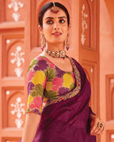 Vishal Prints Wine Berry Designer Art Silk Saree With Diamond Work And Cut Work Embroidery Border