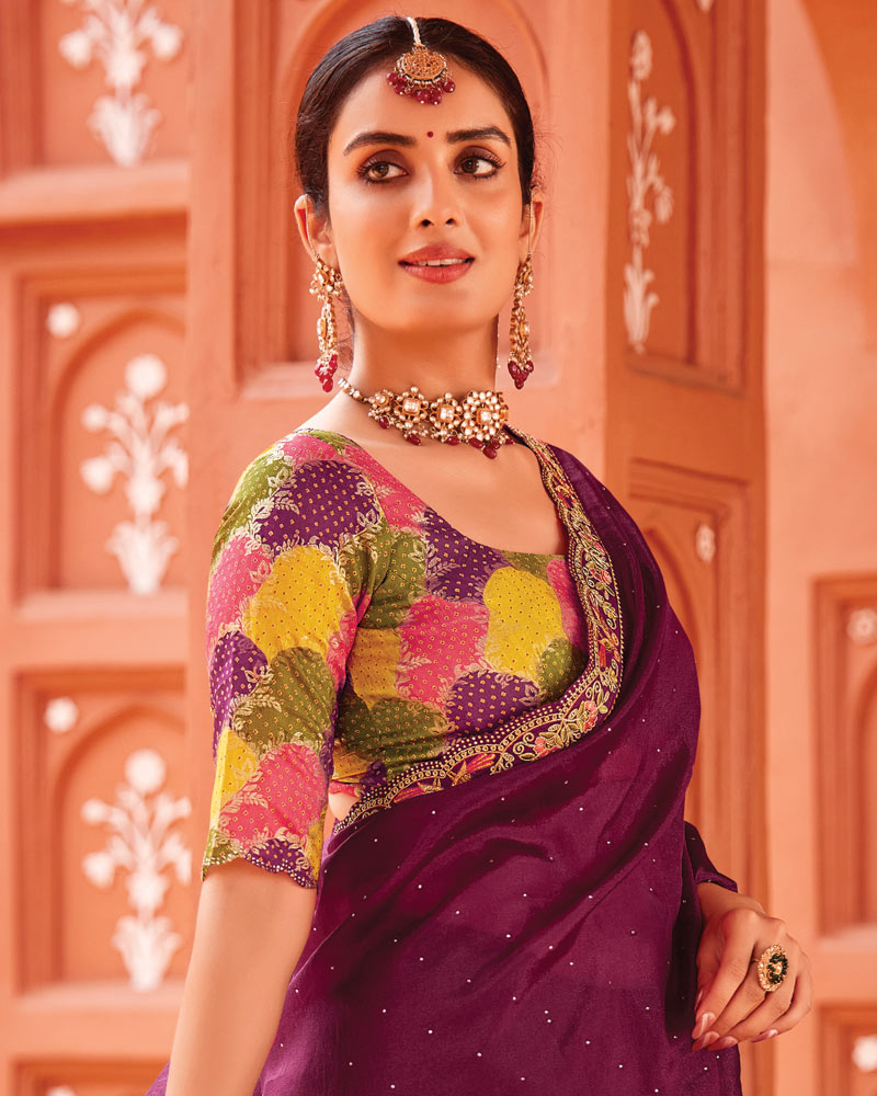 Vishal Prints Wine Berry Designer Art Silk Saree With Diamond Work And Cut Work Embroidery Border