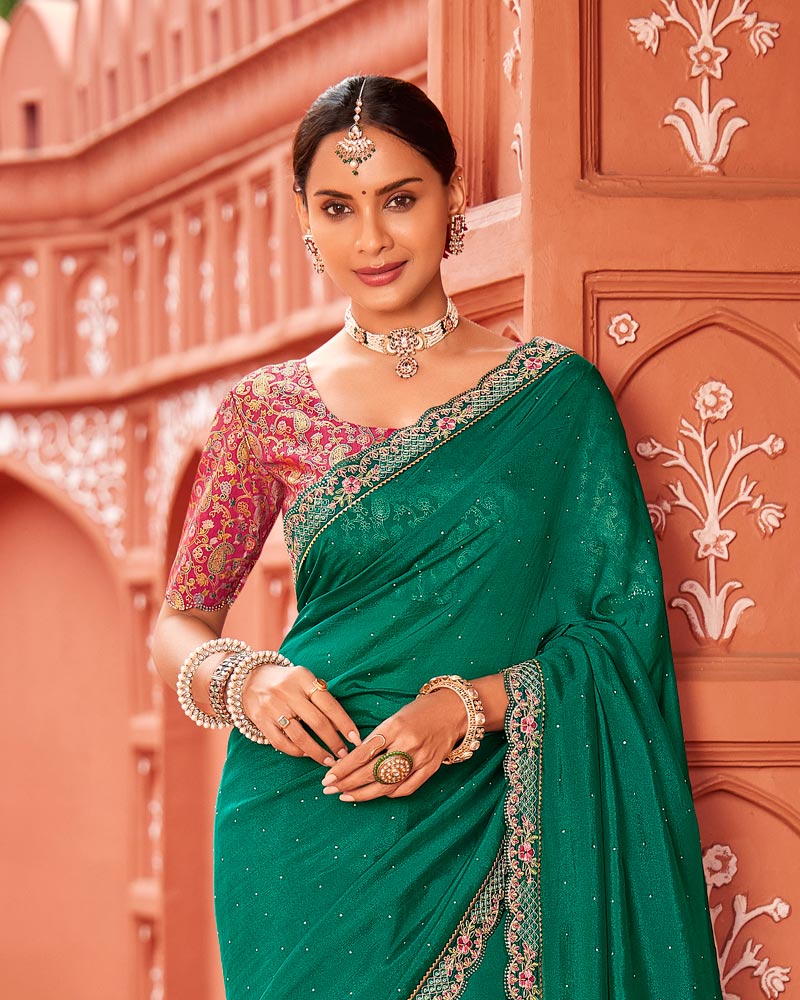 Vishal Prints Tropical Green Designer Art Silk Saree With Diamond Work And Cut Work Embroidery Border