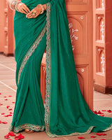 Vishal Prints Tropical Green Designer Art Silk Saree With Diamond Work And Cut Work Embroidery Border